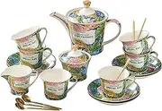 ACMLIFE Porcelain Tea Set for Adults, 21-Piece Green Bone China Tea Set for Women, with Teapot Sugar Bowl Cream Pitcher Teaspoons, Tea Cups and Saucers Set Service for 6, Gift