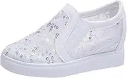 [Gikleihwy] Women's Shiny Sequins Slip-Ons Canvas Sneakers Hollow Lace Mesh Breathable Lightweight Trainers Hidden Increasing Arch Support Non Slip Dressy Shoes for Daily Life Wedding Travel(White,8 US)