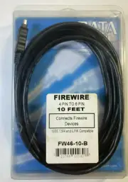 Data Spring 4-Pin to 6-Pin 10-Foot FireWire Cable iEEE 1394 & iLINK New