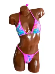 New exotic dancer thong bikini 2 piece set Neon Snake print A/B cup