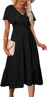 [MEROKEETY] Women's Summer Casual V Neck Ruffle Sleeve Smocked High Waist Midi Dress with Pockets