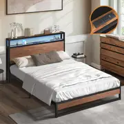 Oikiture Metal Bed Frame Double Size LED Storage Headboard USB Charge