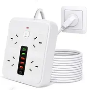 Surge Protector Power Board, 10 in 1 USB C Smart Board With 4 Outlets, 2M Long Cable, 2500W Protection, Wall Mountable for Home and Office (White)