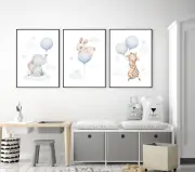 Baby BOY Nursery ANIMAL BALLOON Prints Set of 3 (A4 & A3)