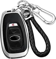 ontto Alloy Car Key fob Cover Fit for Subaru Forester Crosstrek Outback WRX Ascent BRZ Impreza Legacy Leather Smart Key case Shell Key Holder Bag Keyring Keychain Protector Accessories Silver-Black