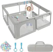 Baby Playpen 130 x 130 cm, Baby Play Pen with 50 Ocean Balls, 2X Pull Rings, Non-Slip Playpen for Toddlers with Durable Zippered Door, Soft Breathable Mesh, Storage Bag for Outdoor Use