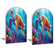 Colorful Underwater Turtle Fish Book Ends Decorative Wood Bookends for Shelve...