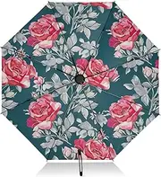 [RPLIFE] Umbrella, Lightweight Durable Automatic Open/close Umbrella for Women, Travel Umbrellas for Rain, Wind and Sun, Watercolor Pink Roses Dark Teal