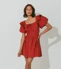 NEW Cleobella Tana Mini Dress Bubble Sleeve Brick Red Cotton Linen XS NWT