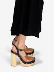 Brown Leather Wooden Platform Heels
