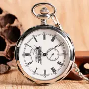 Silver Railway Engine Mechanical Hand Winding Pocket Watch with Chain Open Face