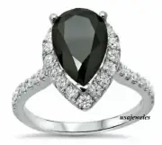 Halo Wedding Jewelry Ring 3.21CT Pear Shape Black Onyx 14K White Gold Over