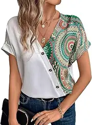[Flamingals] Boho Ethnic Print V Neck Button Front Shirt for Women Summer Beach Vacation Tops