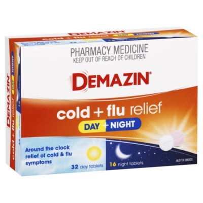 Demazin Cold + Flu Relief Day + Night 48 Tablets Blocked Nose Fever Headache