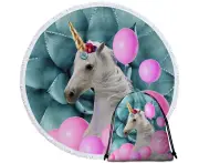 Pink Balloons and Unicorn Round Beach Towel