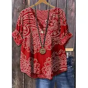 Women's Boho Shirt Elegant Bohemia Active V Neck Daily Holiday Beach Wear Pink Red Blue Brown Summer Spring Fall