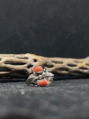 Native American Navajo Ox Blood Coral Sterling silver leaf Ring Size 6.25