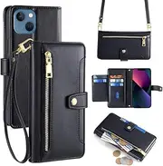 [ERDARARIPRO] Case for Samsung A13 4G/5G/ A04s/ M13 5G with Lanyard, Flip Wallet Mobile Phone Case with Magnetic Zip, 6 Card Slots + 1 Cash Compartment, Folio Made of Luxury Vegan Leather, Black