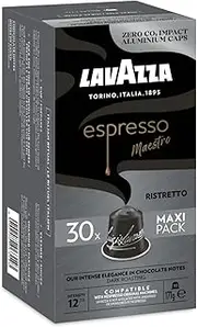 Lavazza, Espresso Maestro Ristretto, 30 Aluminium Coffee Pods Compatible with Nespresso Original Machines, Chocolate & Caramel Notes, Arabica & Robusta, Intensity 12/13, Dark Roasting, Zero CO2 Impact