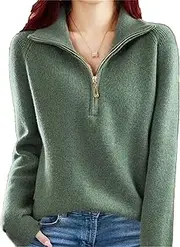 [Qolkmuiy-GJ] Womens Quarter Zippers Sweaters Solid Color Long Sleeve Ribbed Knit Pullovers Warm Zip Loose Knitted Jumper Tops