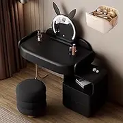 Telescopic Dresser,Dressing Table with Cosmetic Bag and Stool,Makeup Vanity Table with Mirror Brightness Adjustable(Black,with Side Cabinet_80CM)