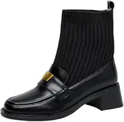 [XINXINIO] Women's Retro Faux Two-Piece Ankle Boots - Stylish Campus Short Booties with 4.5cm Chunky Heel