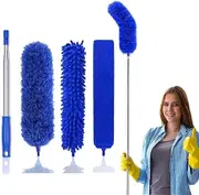 New Upgrade Extension Duster 100inch Thickening Telescopic Rod,Bendable & Washable Microfiber Feather Dusters (4IN1Blue)