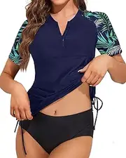 [Holipick] Women Two Piece Rash Guard Short Sleeve Zipper Swimsuit with Shorts Built in Bra Bathing Suit UPF50 Rashguard