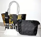Versace Jeans Couture Baroque Stripe Patchwork PU 2-Piece Logo Tote & Pouch Set