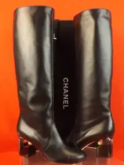 NIB CHANEL G30451 BLACK LEATHER LUCITE PEARL HEEL TALL CLASSIC BOOTS 40 $1825
