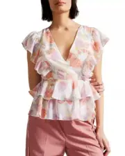 Ted Baker Rowyn Top Ivory Floral Ruffle Frill Detail Tie Blouse Size 3 MSRP:$195