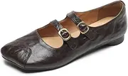 [TinaCus] Women's Handmade Genuine Leather Double Buckles Square Toe Casual Flat Mary Jane