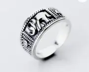 Unisex Engraved Elephant Ring, 925 Sterling Silver, Adjustable Size