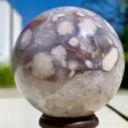 338G Natural Sakura Flower Agate QUARTZ Sphere Crystal Ball Healing