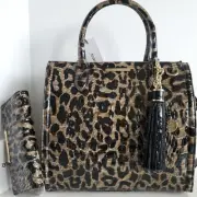 Brahmin Caroline Satchel Snow Leopard Leather Carryall Bag+Wallet+Tassel NWT