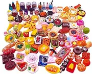 100pcs Miniature Food Drinks Bottle Toys Dollhouse Kitchen Play Mixed Resin Dollhouse Accessories for Adults Kids Kitchen Accessories for Pretend Play (Hamburger, Pizza,Cake,Ice Cream,Bread)