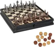 WE Games Pewter Egyptian Chess & Checkers Set, Black Stained Wood Board, 15 in.