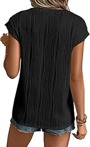 [ELFIN] Womens Round Neck Tshirts Elegant Tops Short Sleeve Casual T-Shirt Plain Tops Summer Loose Blouse, Black, S