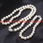9-10mm White Round Natural Pearl Necklace Bracelet Bangle 18/7.5 in Set