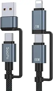 SOOPII 100W 4FT Multi USB C Charging Cable,4 in 1 C/A to C/IP Fast Charger Cable,PD 5A Nylon Braided Multiple Charging Cord for Phones,Tablets,Laptops and More (Black)