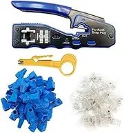 RJ45 All-In-One Crimp and Termination ToolCrimp Tool, 50 pcs CAT6 Pass Through Connectors and 50pcs RJ45 Cat6 Protection Covers, 1 Network Wire Strippers