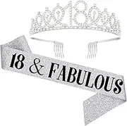 18th Birthday Sash and Tiara, 18 & Fabulous Birthday Sash and Crown, Happy 18th Birthday Gifts for Party Favors Supplies and Decorations, Silver, Silver