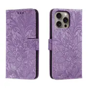 For iPhone 16 Pro Max Case, PU Leather Floral Lace Cover, Purple