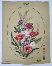 Vintage Hand Painted Needlepoint Canvas Flowers Poppies Floral Unworked French