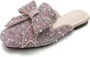 [SAFECAMS] Women's Rhinestone Bow Flat Mules Comfortable Square Toe Slip on Penny Loafers Ladies Baotou Clogs Half Slides Mules