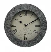 Garden 10 Inch (26cm) Waterproof Wall Clock, Large Retro Stone Effect Decorative Clock with Thermometer Without Ticking Sound, Suitable for Living Room Fence Bathroom