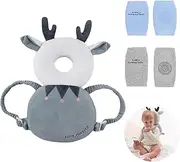 Baby Head Protector Adjustable, Head Protection Backpack with Safety Mat Suitable for Head Protection with 2 Pairs Baby Knee Pads, Crawling and Walking for Preschool Babies, Soft, Blue (Mesh Deer)
