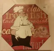 CANVAS KITCHEN WALL PICTURE, FAT CHEF WITH LARGE FORK, app. 14" x 14"
