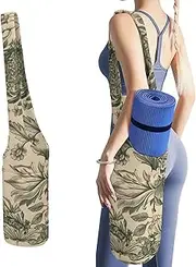 JKLQWH Light Green And Beige Printed Yoga Mat Bag Long Tote with Pockets for Your Yoga Accessories Exercise Yoga Mat Carrier Holder Multi-Functional Storage Bag Holds Most Pilates Mats