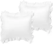 PiccoCasa Luxury Satin Oxford Pillowcases, Pair of 2 White Ruffled Pillow Shams 26 x 26 inch with Envelope Closure, Euro Size Pillow Cases Covers